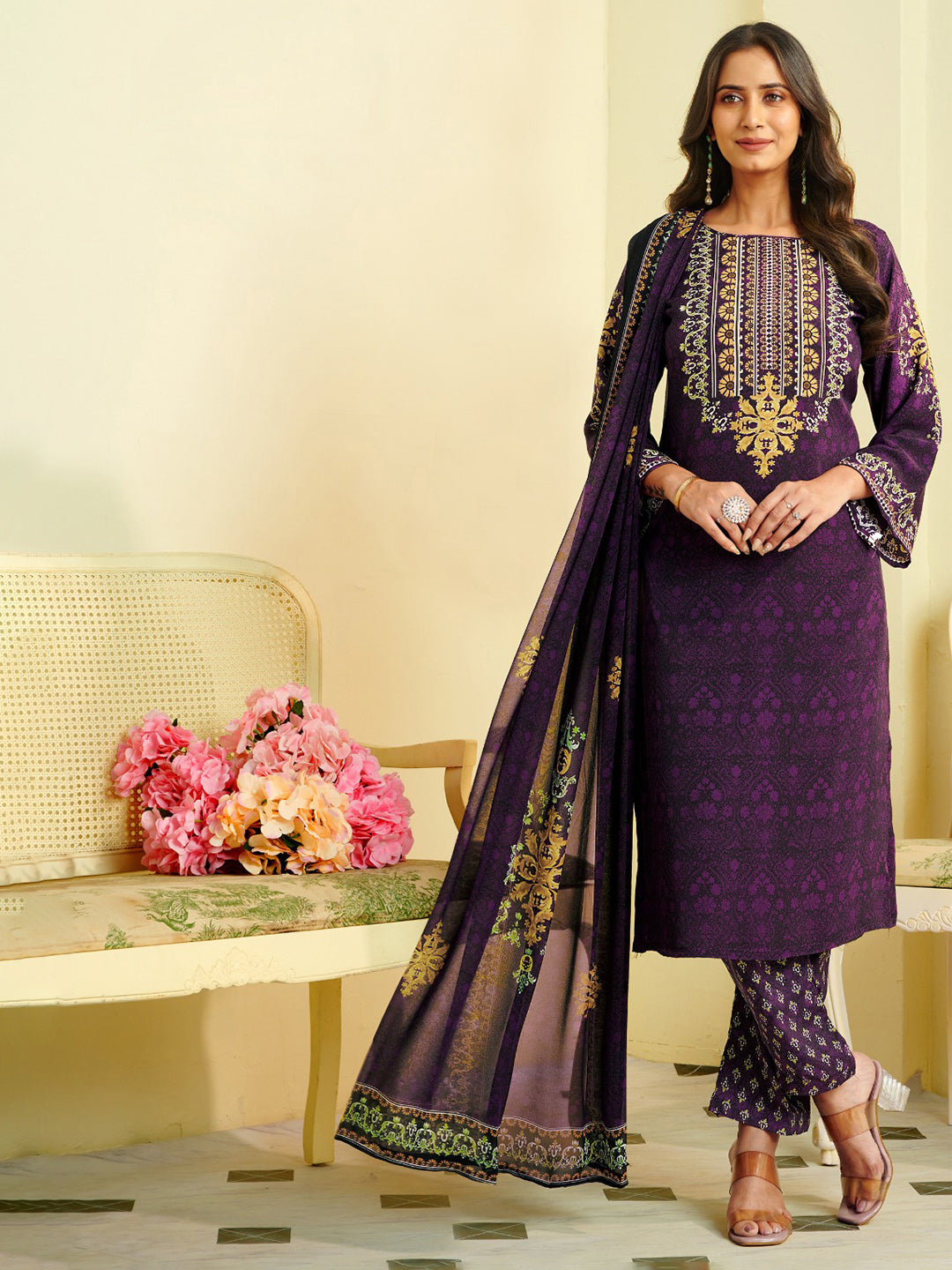 Printed Crepe Unstitched Suit With Pant &amp; Dupatta