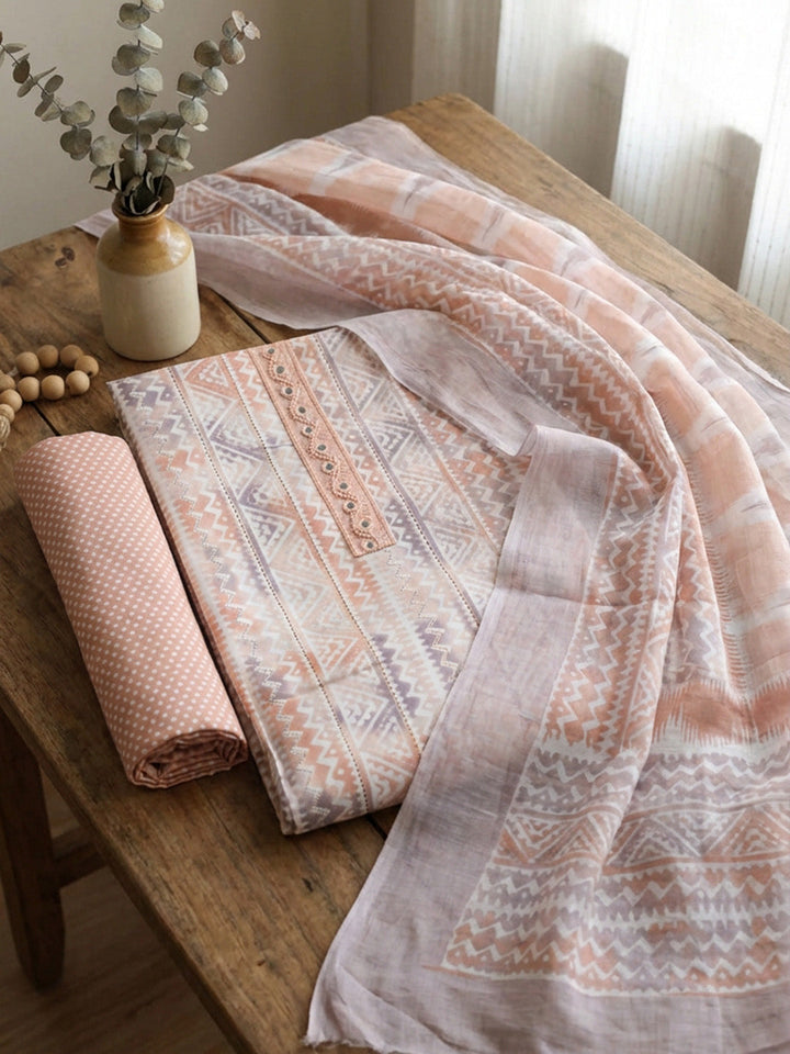 Printed Cotton Blend Unstitched Suit With Pant &amp; Dupatta