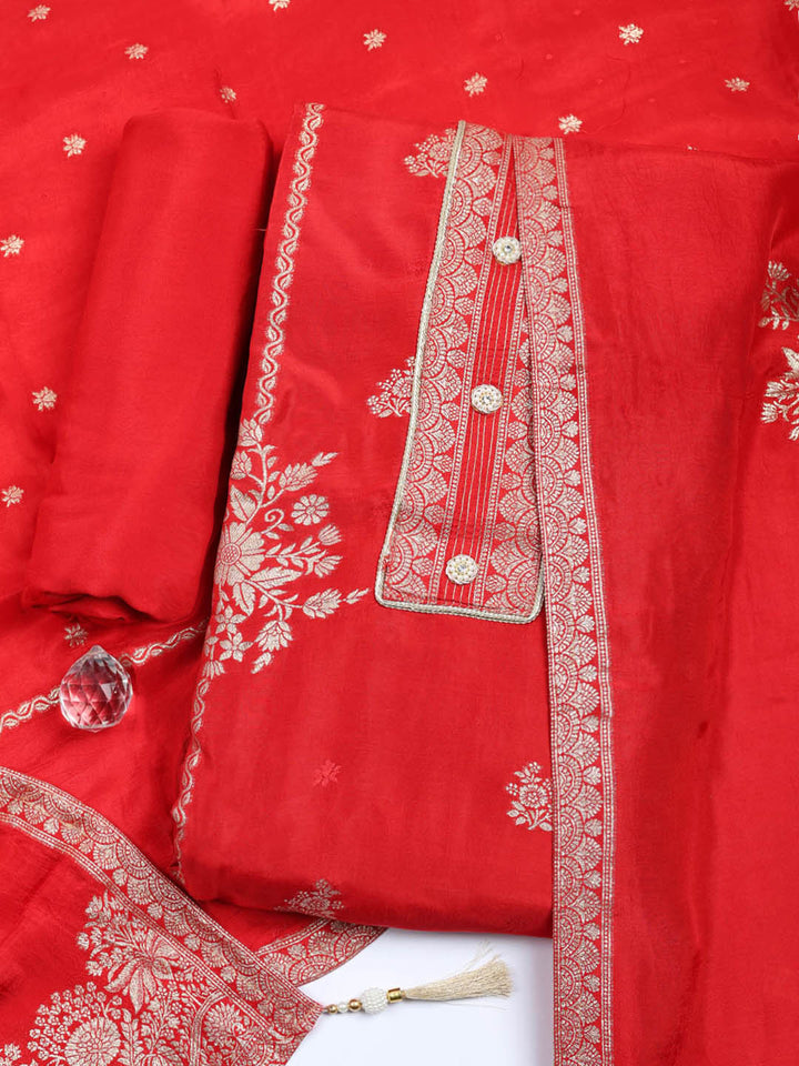 Embroidered Chanderi Unstitched Suit With Pant &amp; Dupatta