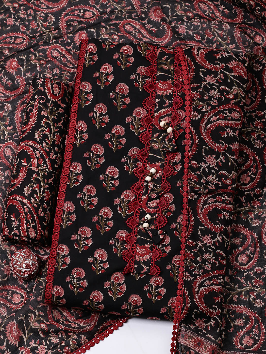 Embroidered Cotton Blend Unstitched Suit With Pant &amp; Dupatta