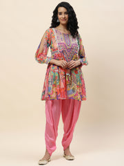 Neck Embroidered Chiffon Kurti With Dhoti Pant