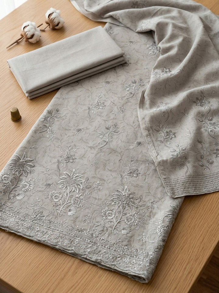 Embroidered Cotton Blend Unstitched Suit With Pant &amp; Dupatta