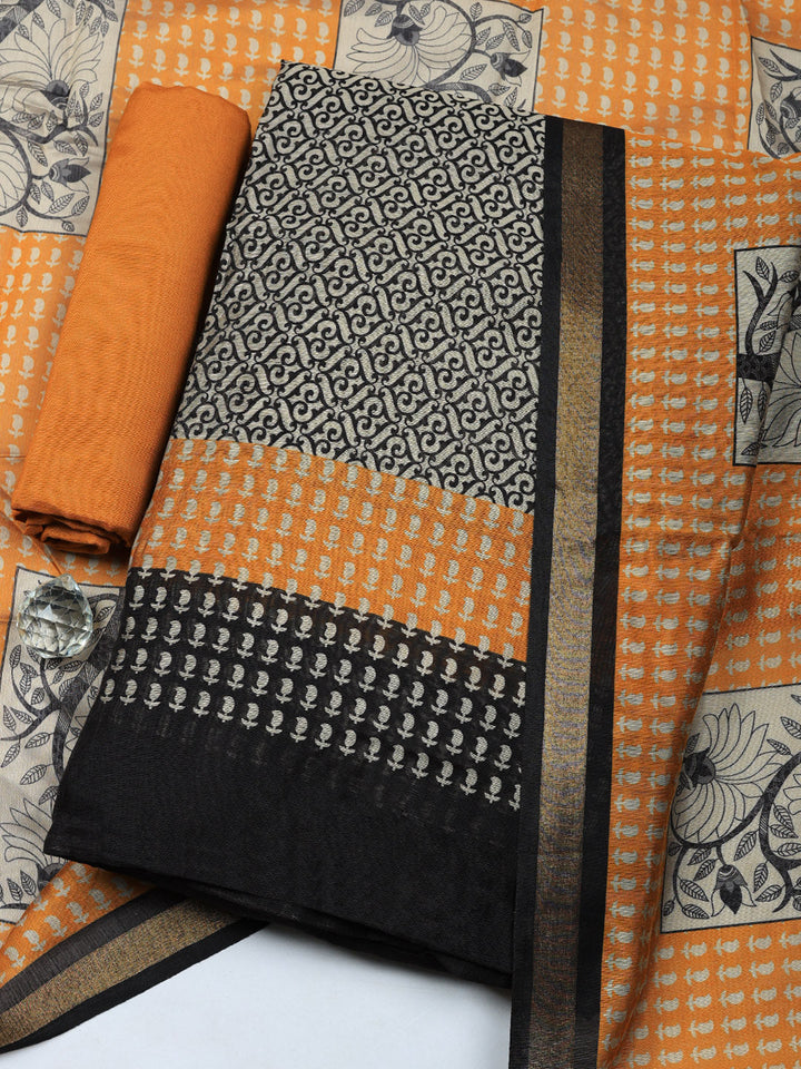 Printed Chanderi Unstitched Suit With Pant &amp; Dupatta