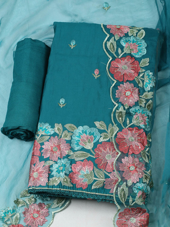 Embroidered Chanderi Unstitched Suit With Pant &amp; Dupatta
