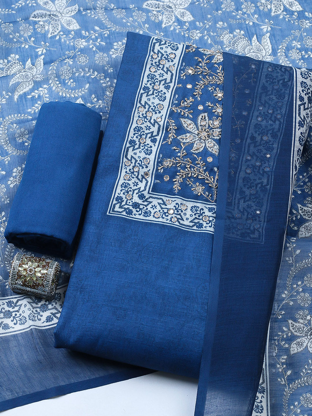 Embroidered Cotton Blend Unstitched Suit With Pant &amp; Dupatta