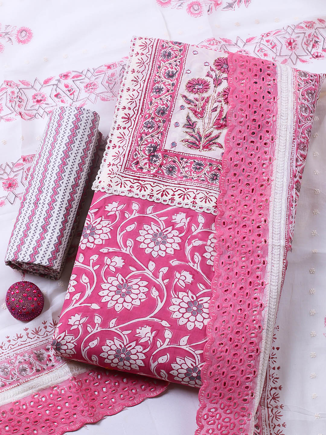Embroidered Cotton Blend Unstitched Suit With Pant &amp; Dupatta