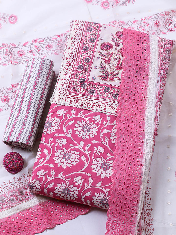 Embroidered Cotton Blend Unstitched Suit With Pant &amp; Dupatta