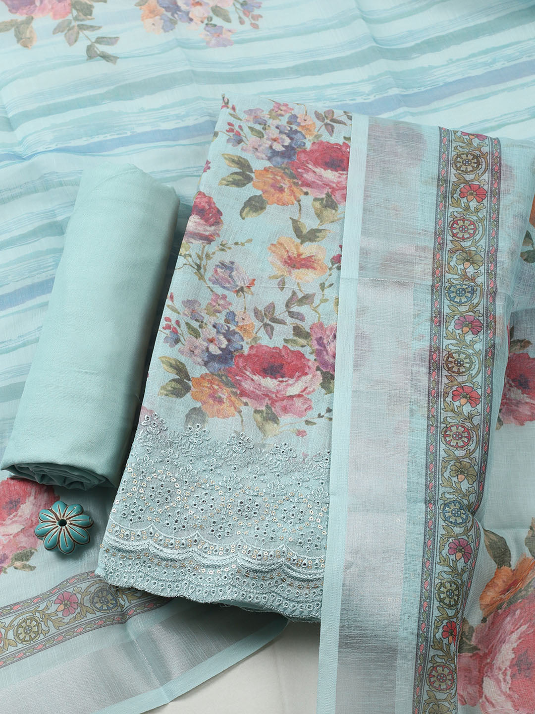 Embroidered Linen Blend Unstitched Suit With Pant &amp; Dupatta