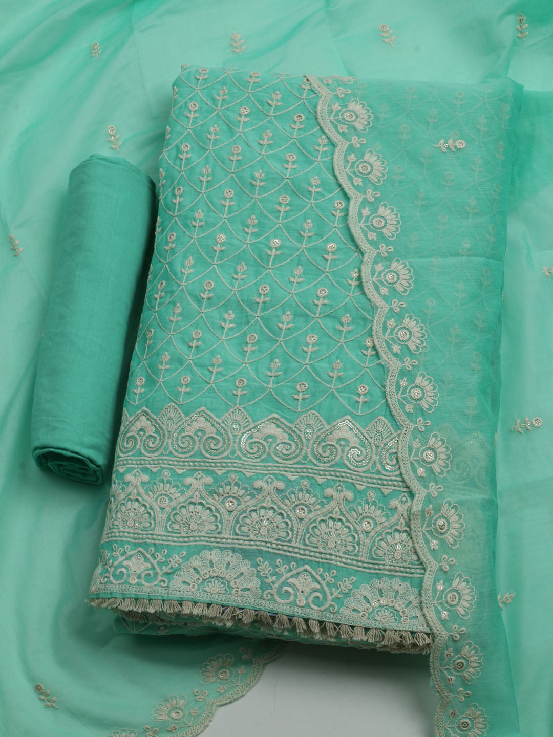 Embroidered Chanderi Unstitched Kurta With Pant & Dupatta