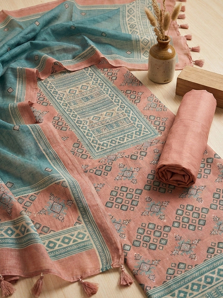 Printed Chanderi Unstitched Suit With Pant &amp; Dupatta
