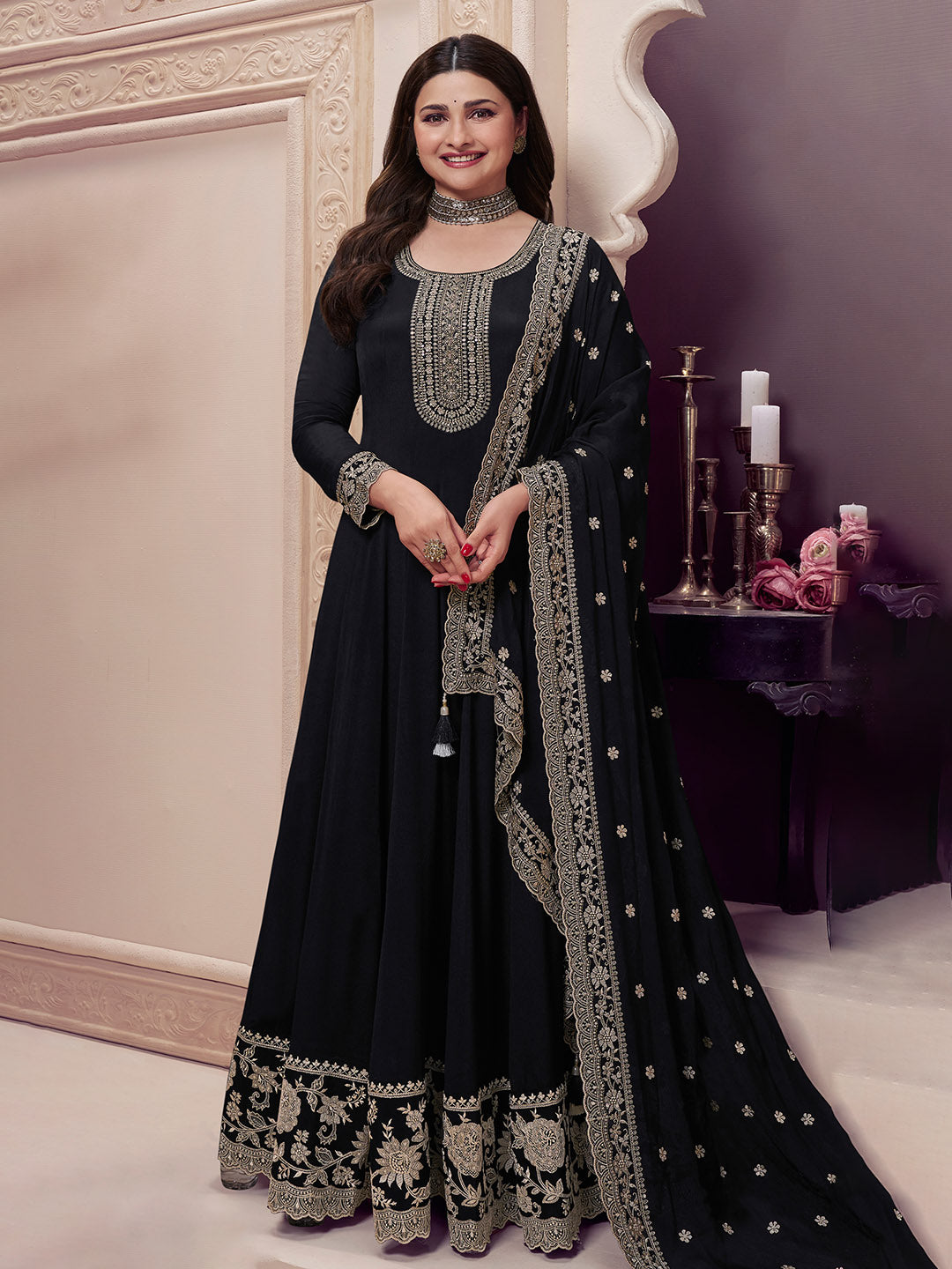 Embroidered Chinon Unstitched Suit With Pant &amp; Dupatta