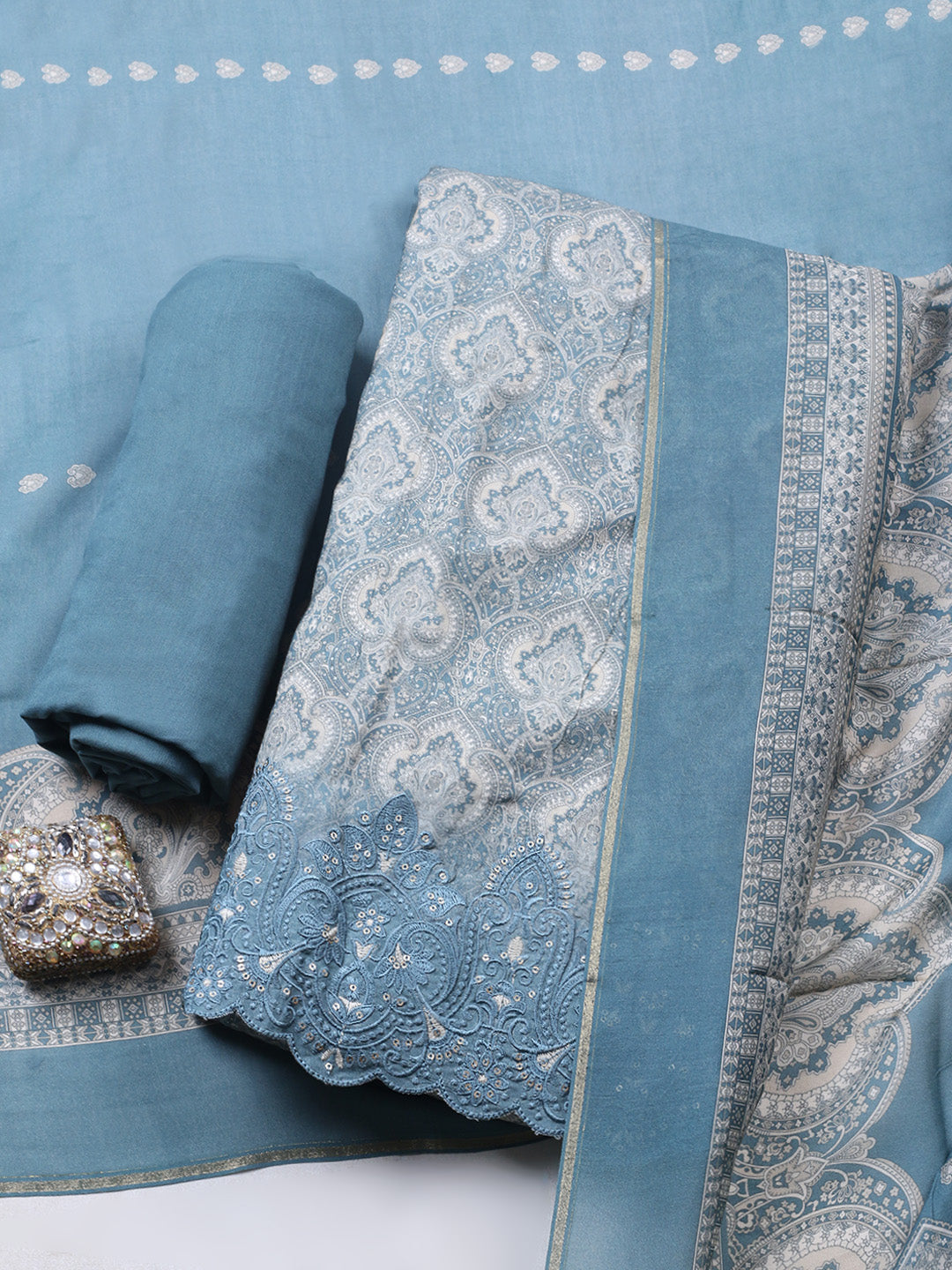 Embroidered Muslin Unstitched Suit With Pant &amp; Dupatta