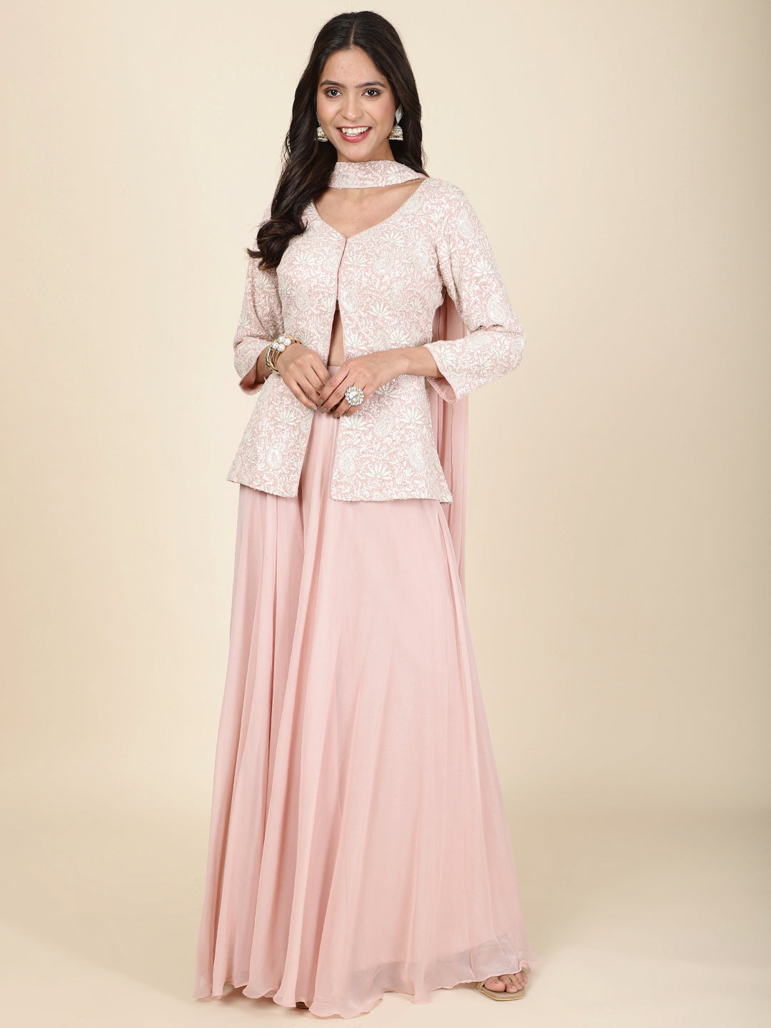 Sequin Embroidery Georgette Short Kurti With Sharara & Dupatta