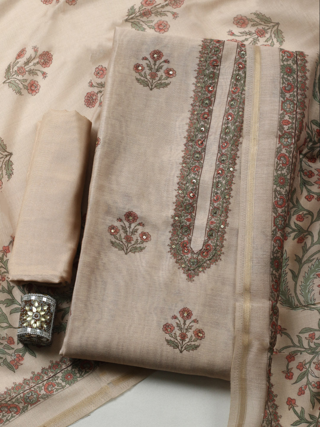 Embroidered Chanderi Unstitched Suit With Pant &amp; Dupatta