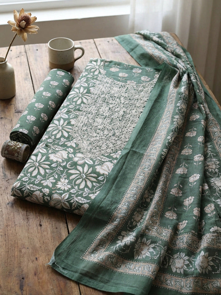 Printed Cotton Blend Unstitched Suit With Pant &amp; Dupatta
