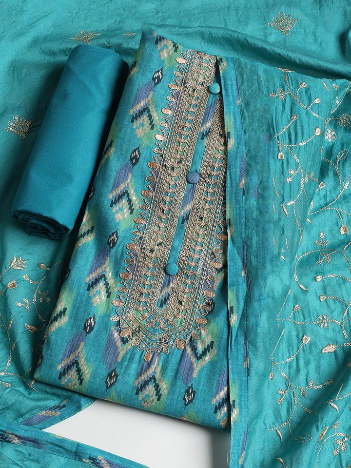 Gota Neck Cotton Blend Unstitched Suit With Dupatta