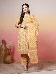 Embroidered Cotton Kurta With Pant & Dupatta