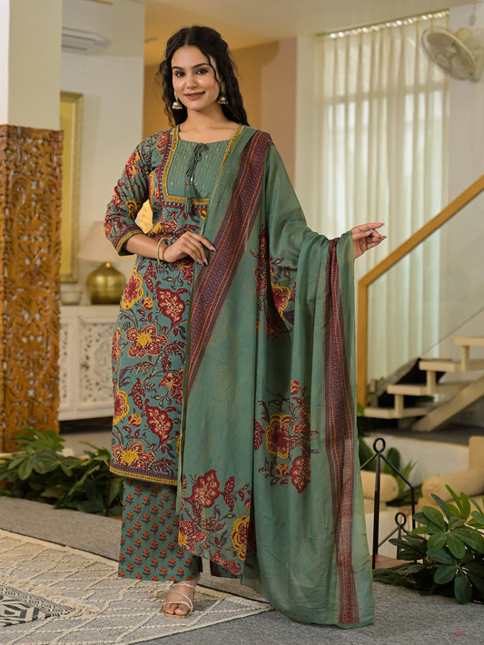 Printed Cotton Blend Kurta With Pants & Dupatta