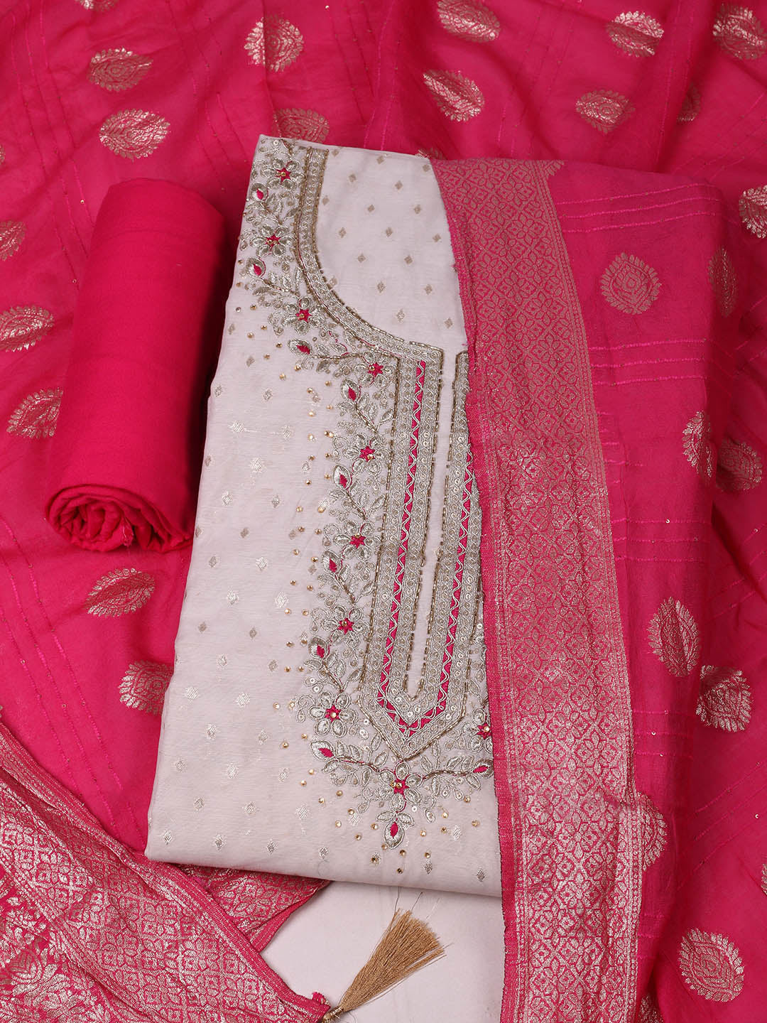 Embroidered Chanderi Unstitched Suit With Pant &amp; Dupatta
