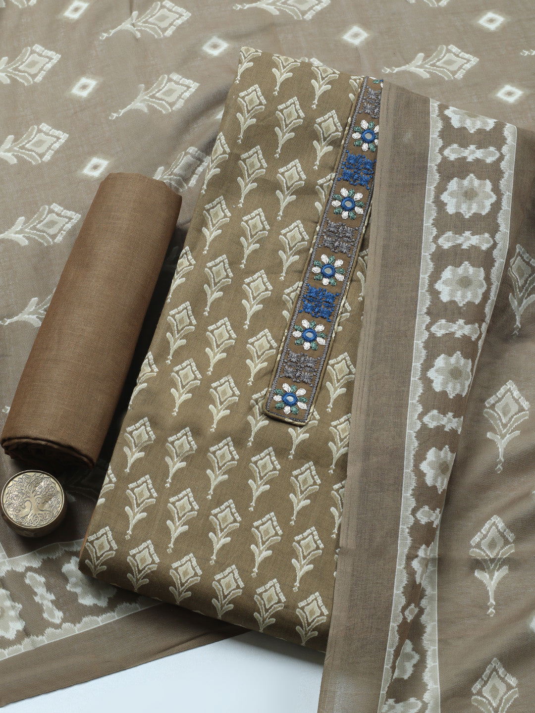 Embroidered Cotton Blend Unstitched Suit With Pant &amp; Dupatta