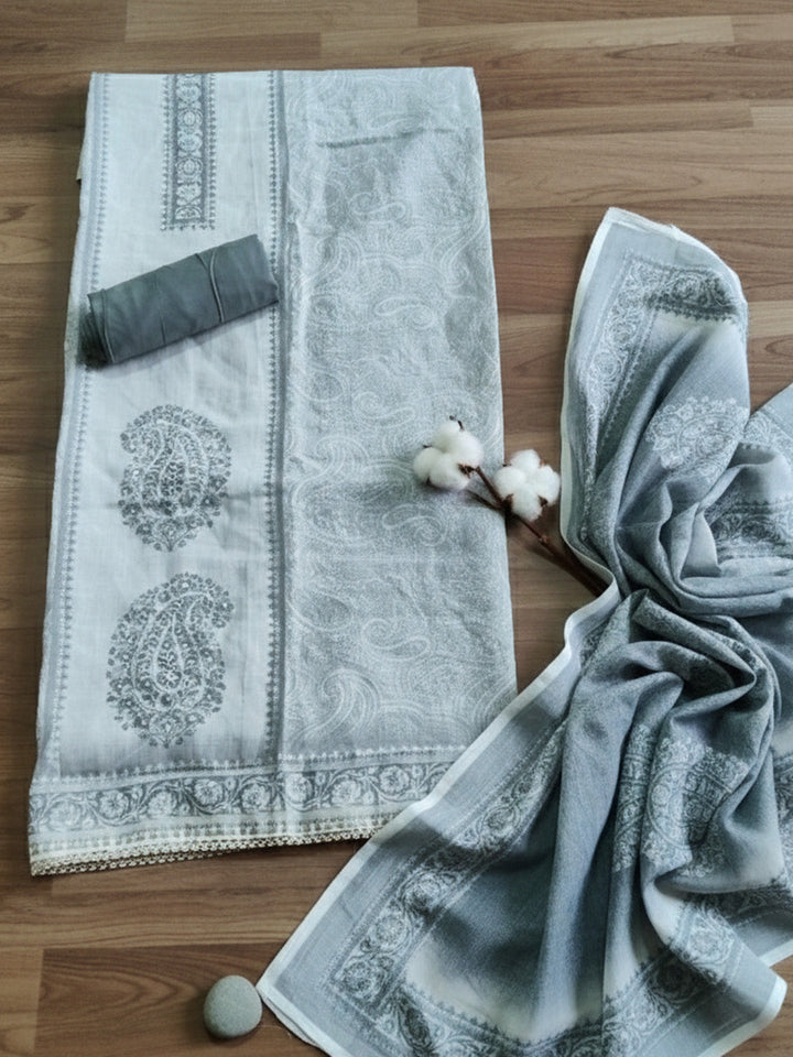 Printed Cotton Blend Unstitched Suit With Pant &amp; Dupatta