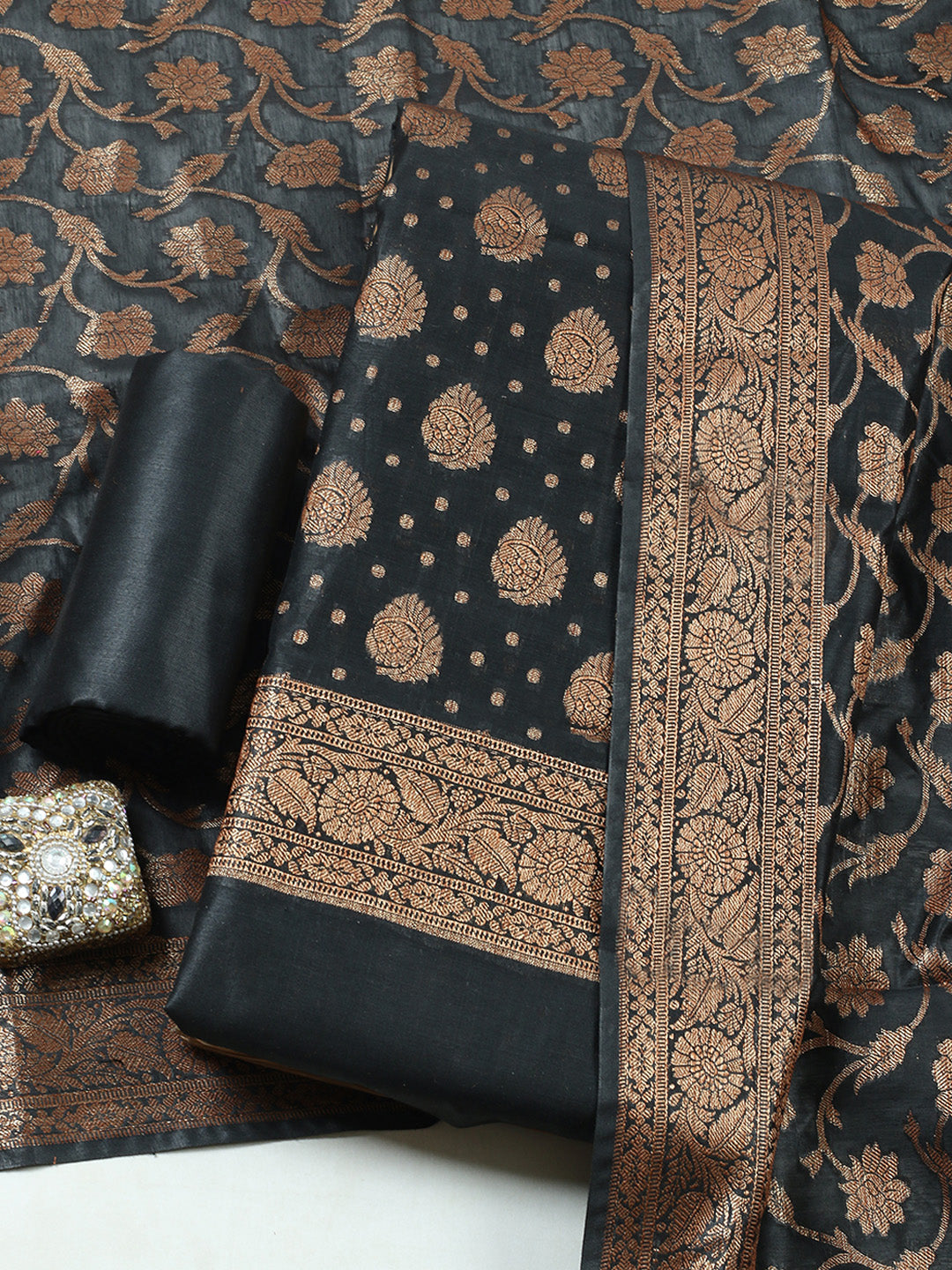 Banarasi Chanderi Unstitched Suit With Pant &amp; Dupatta