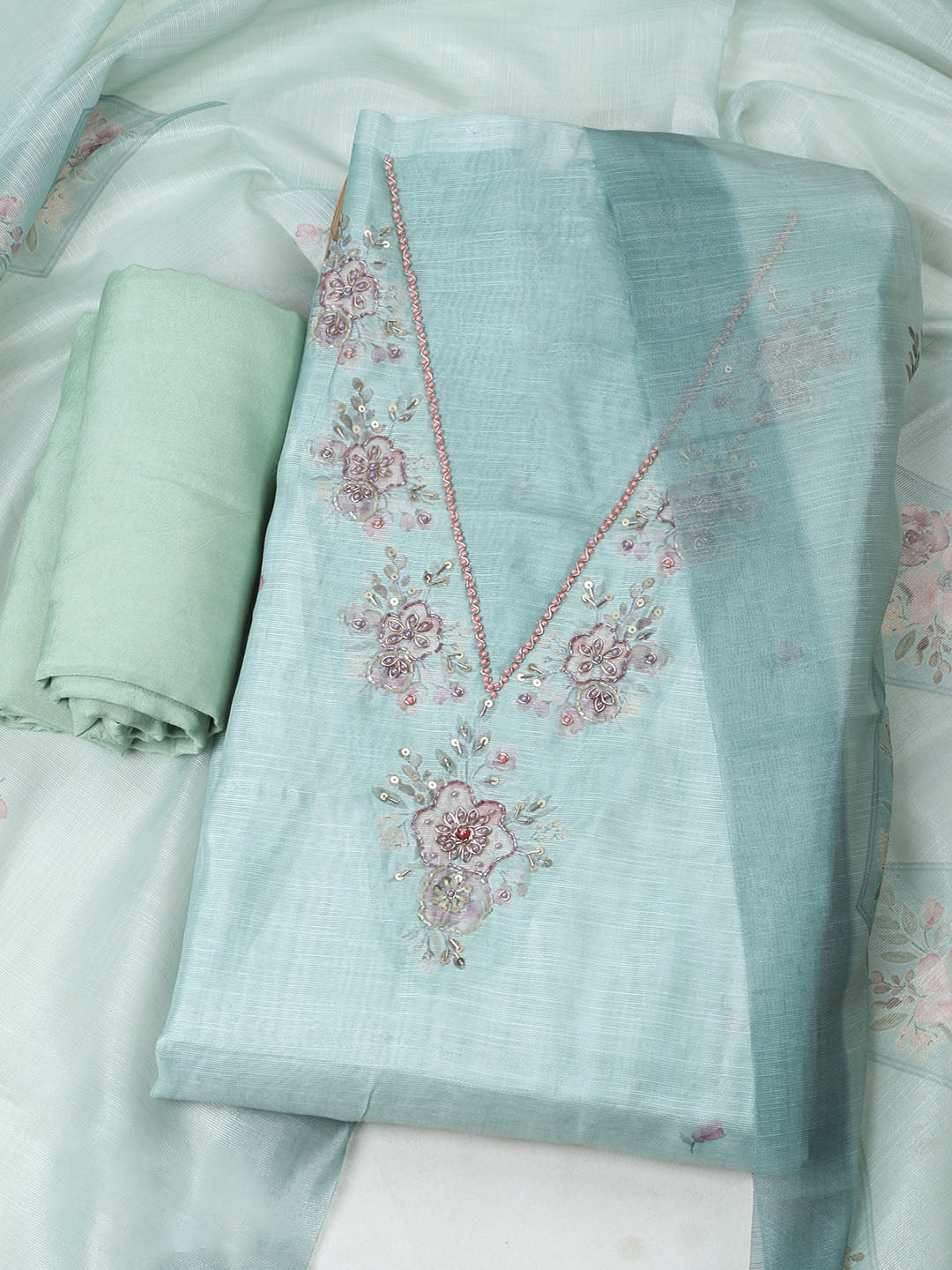 Embroidered Tissue Unstitched Suit With Pant &amp; Dupatta