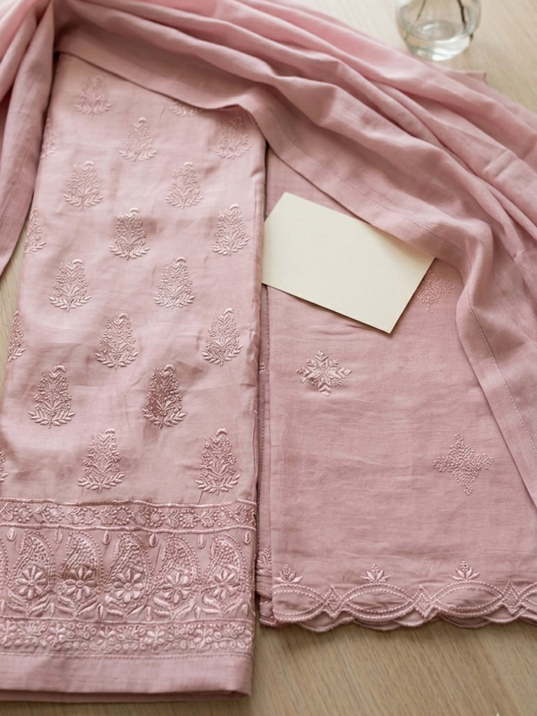 Embroidered Chanderi Unstitched Suit With Pant &amp; Dupatta