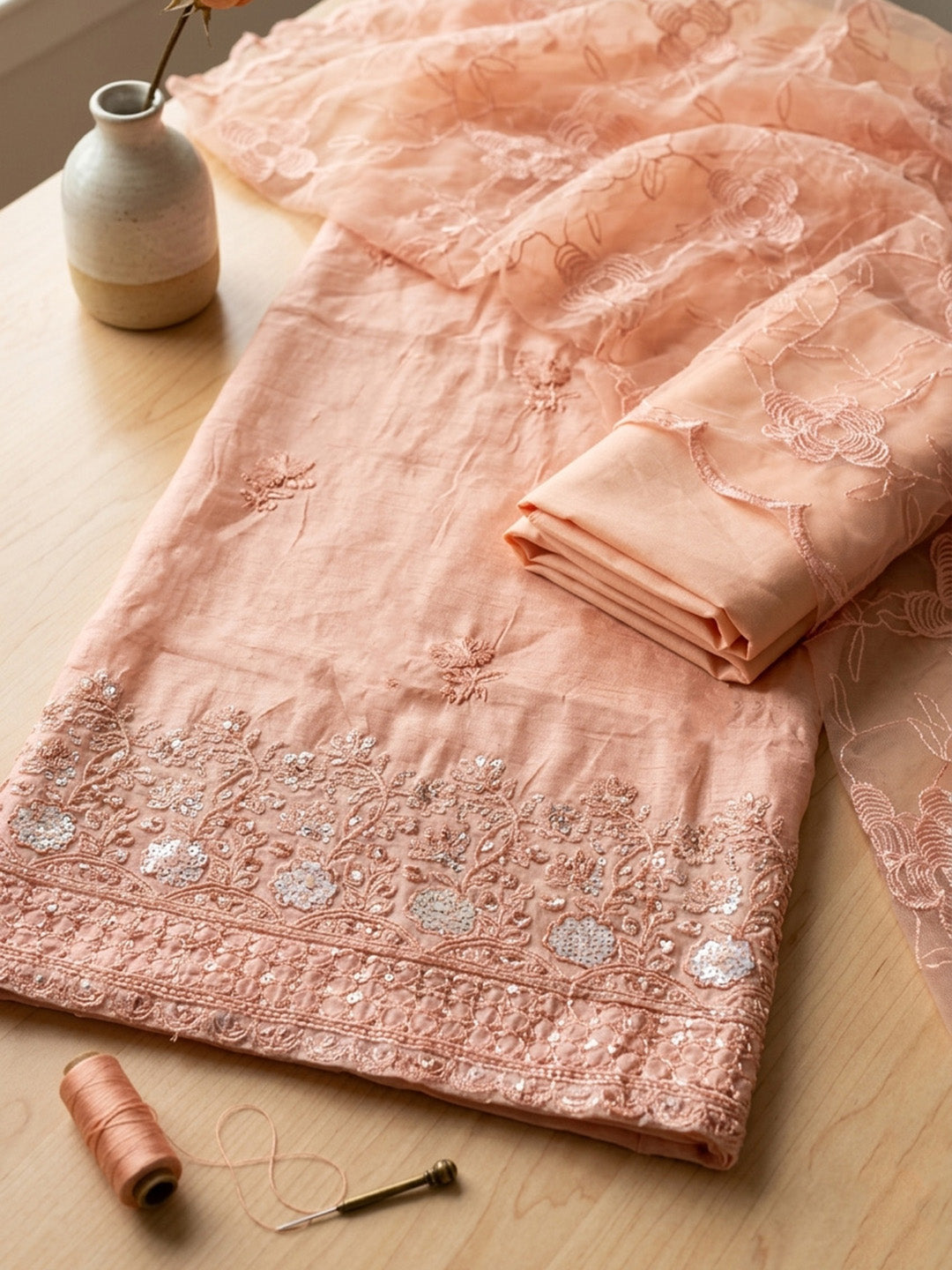 Embroidered Chanderi Unstitched Suit With Pant &amp; Dupatta