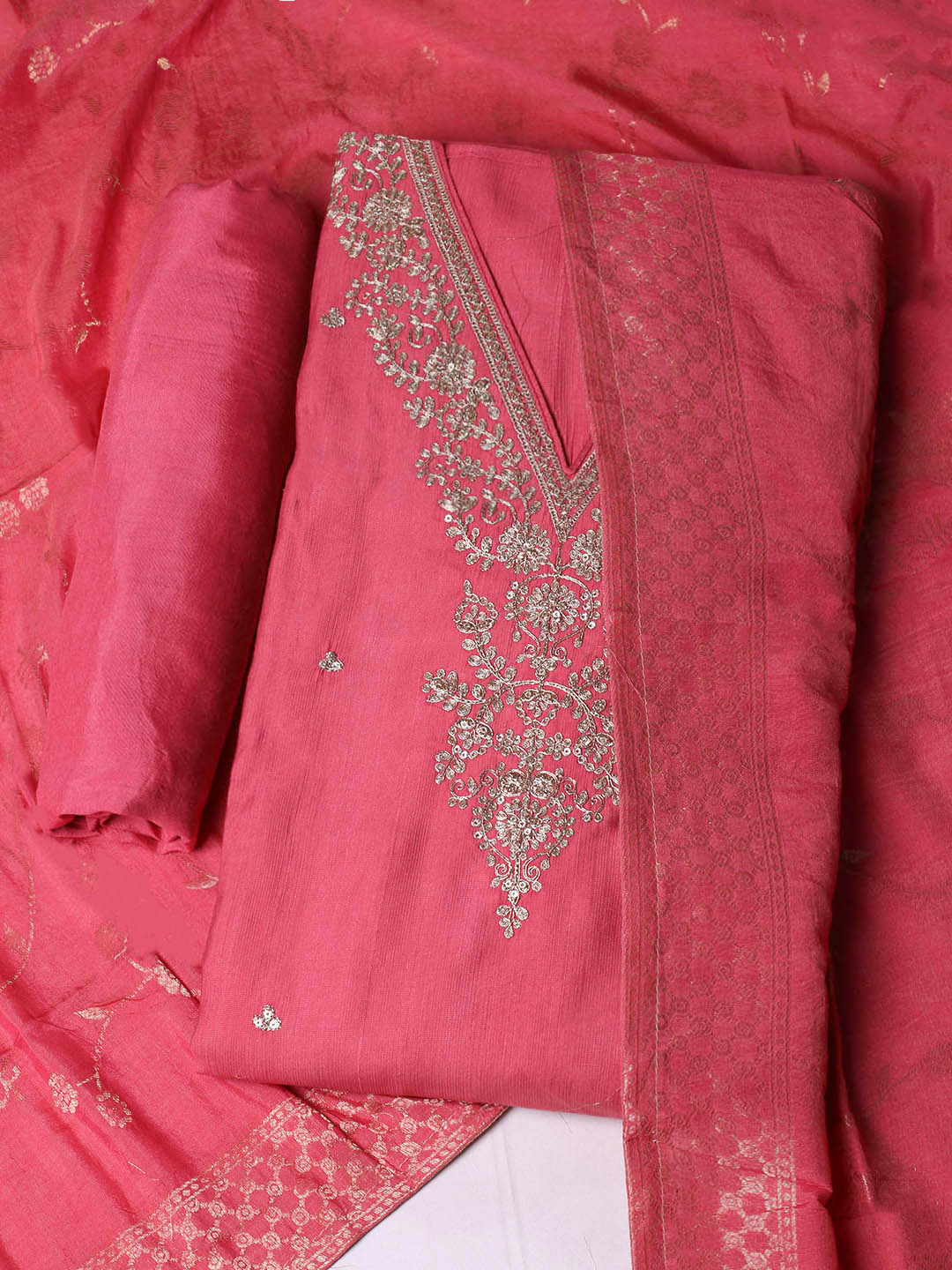 Embroidered Chanderi Unstitched Suit With Pant &amp; Dupatta
