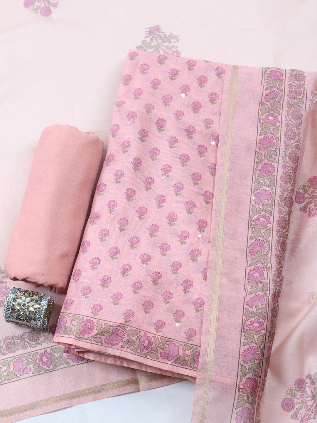 Printed Chanderi Unstitched Suit With Pant &amp; Dupatta