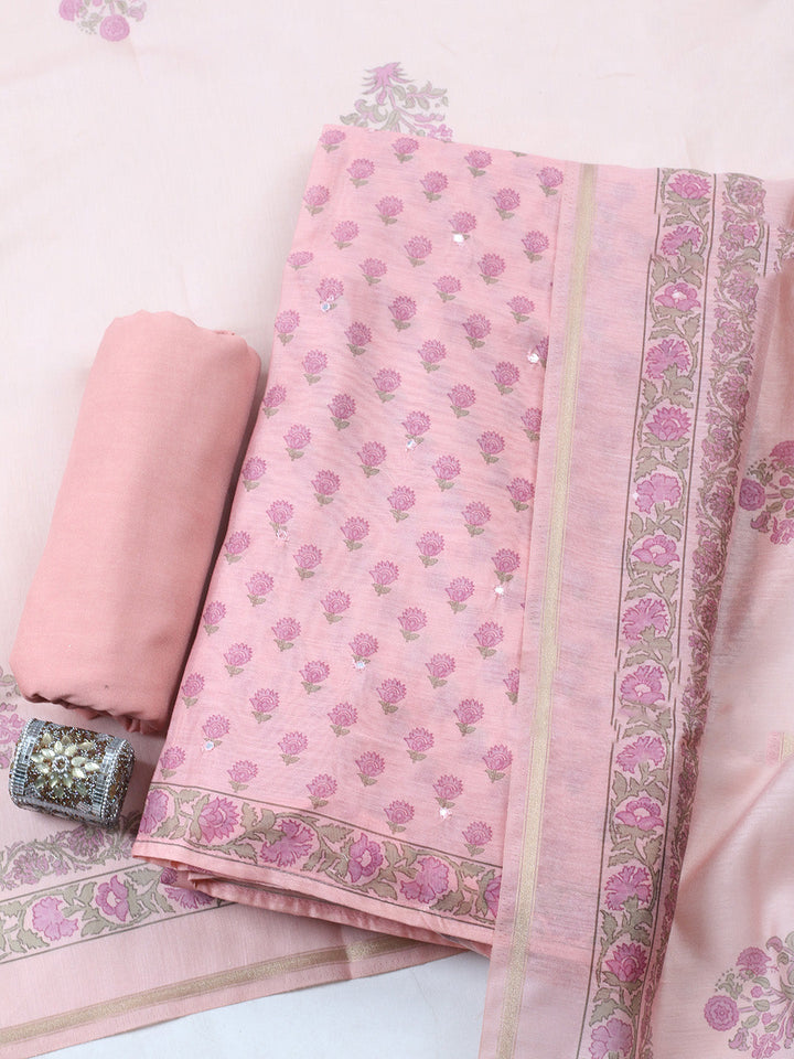 Printed Chanderi Unstitched Suit With Pant &amp; Dupatta