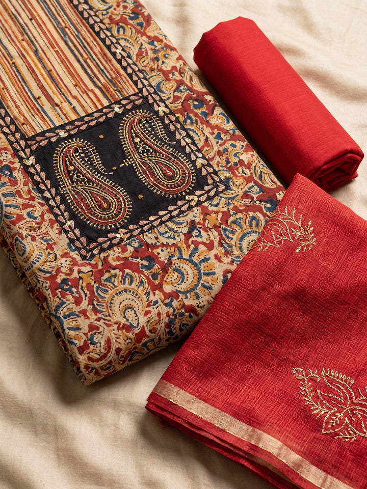 Printed Cotton Blend Unstitched Suit With Pant &amp; Dupatta