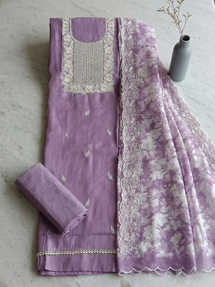 Embroidered Chanderi Unstitched Suit With Pant &amp; Dupatta