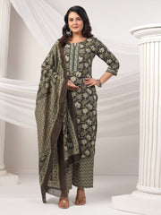 Printed Cotton Blend Kurta With Pants & Dupatta