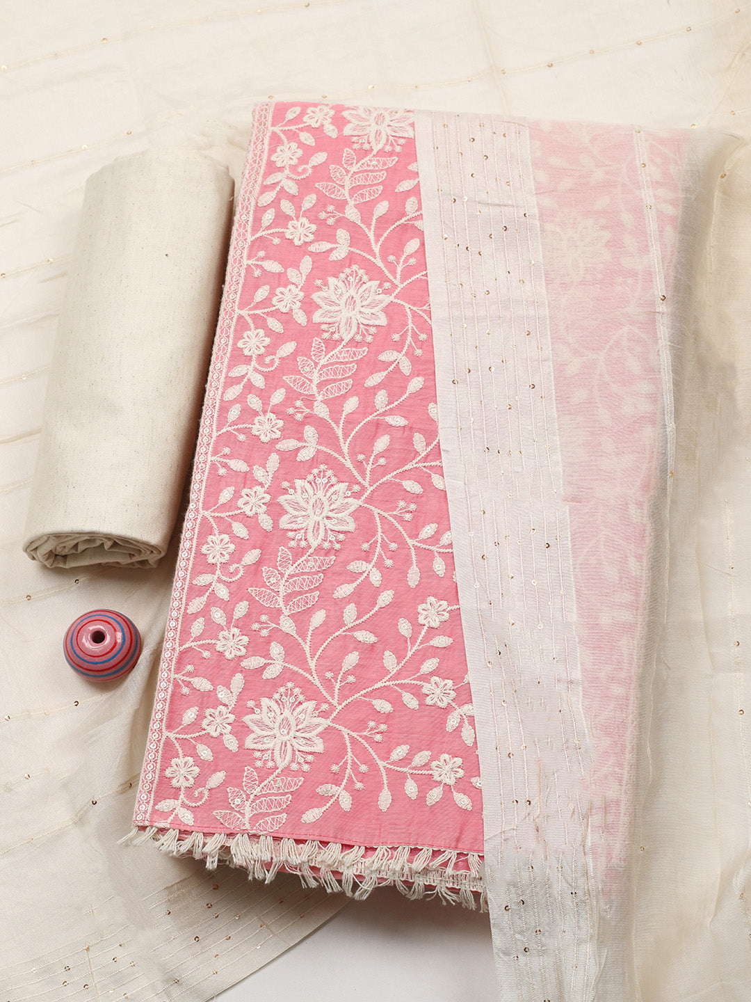 Embroidered Cotton Blend Unstitched Suit With Pant &amp; Dupatta