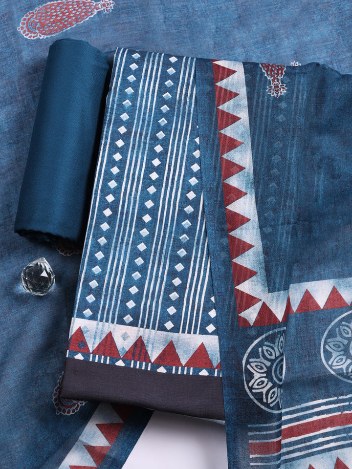 Printed Cotton Blend Unstitched Suit With Pant &amp; Dupatta