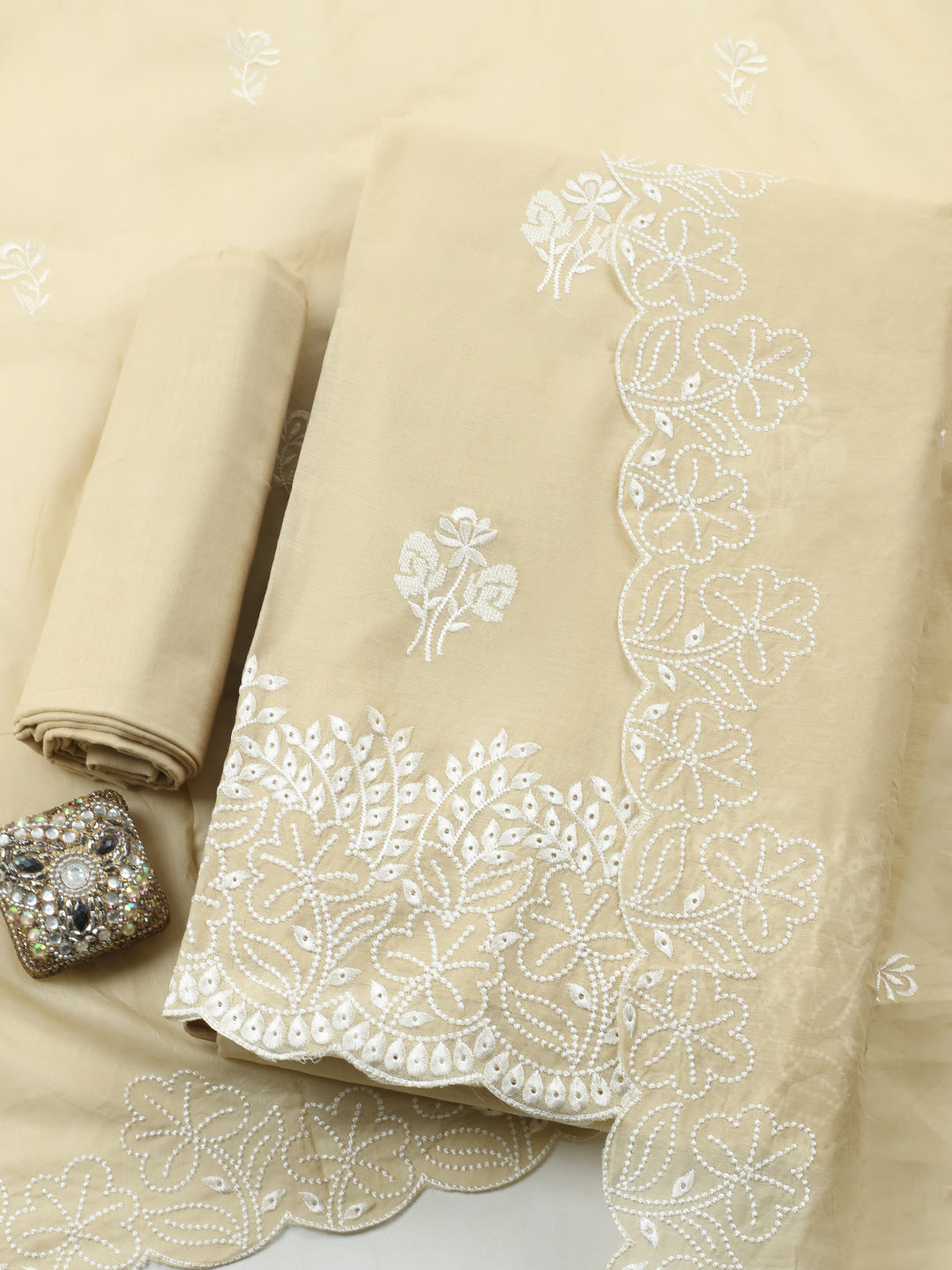 Embroidered Cotton Blend Unstitched Suit With Pant &amp; Dupatta