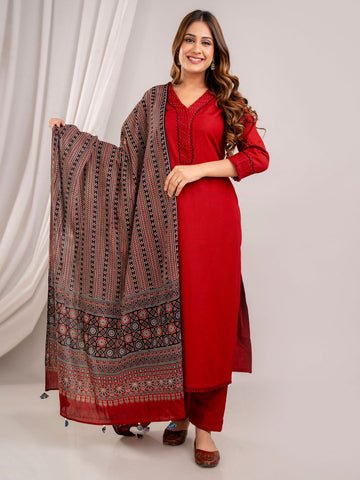 Neck Embroidery Cotton Kurta With Pants & Dupatta