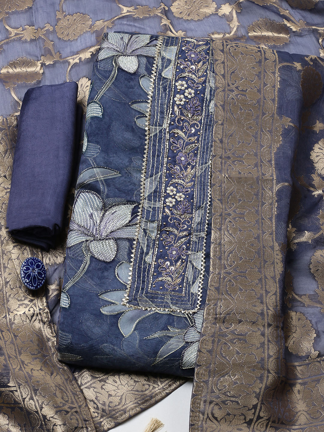 Embroidered Organza Unstitched Suit With Pant &amp; Dupatta