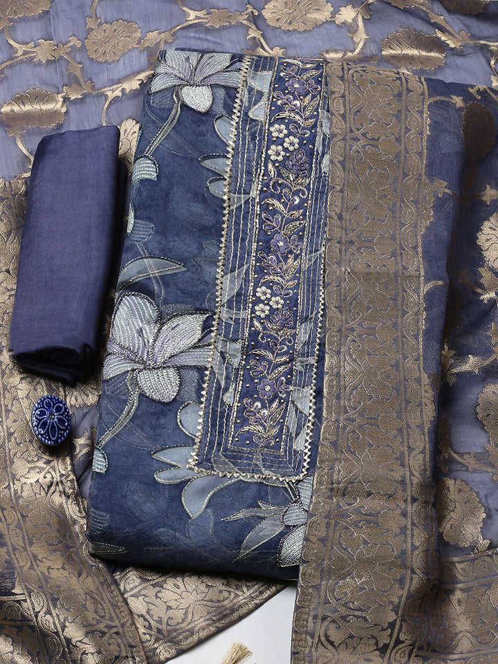 Embroidered Organza Unstitched Suit With Pant &amp; Dupatta
