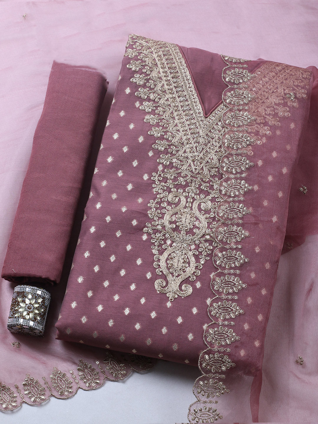 Embroidered Chanderi Unstitched Suit With Pant &amp; Dupatta