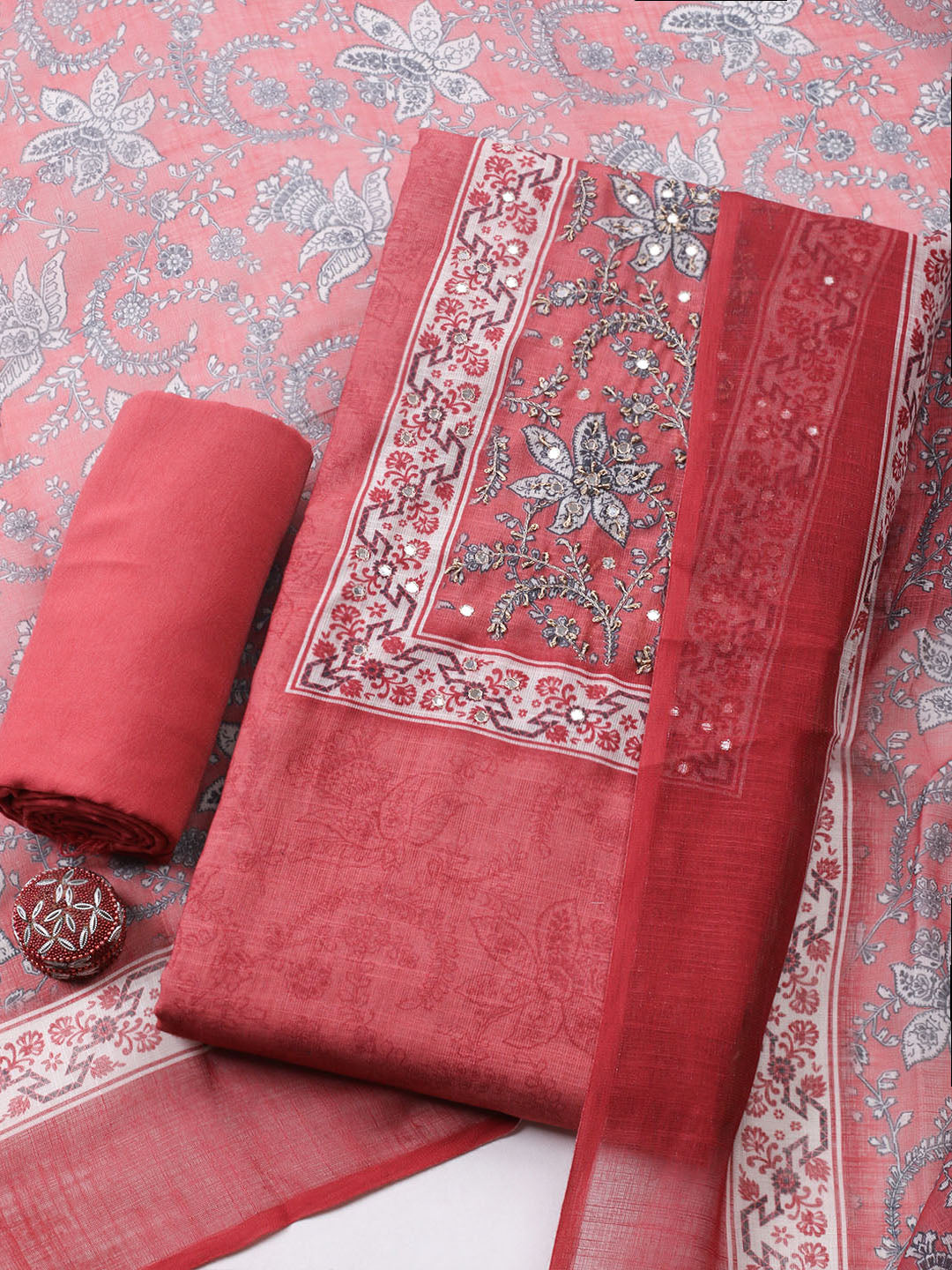 Embroidered Cotton Blend Unstitched Suit With Pant &amp; Dupatta