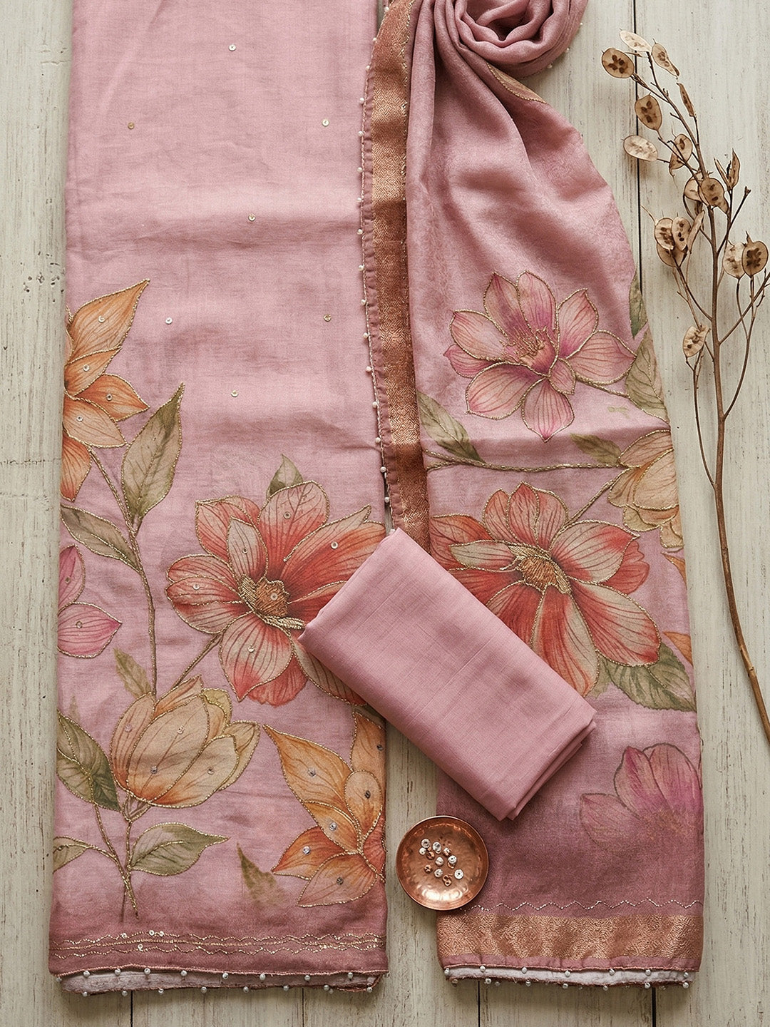 Embroidered Linen Blend Unstitched Suit With Pant &amp; Dupatta