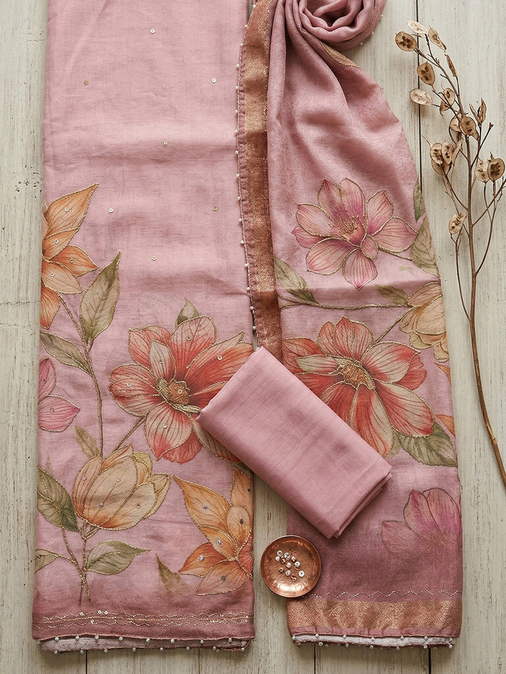 Embroidered Linen Blend Unstitched Suit With Pant &amp; Dupatta