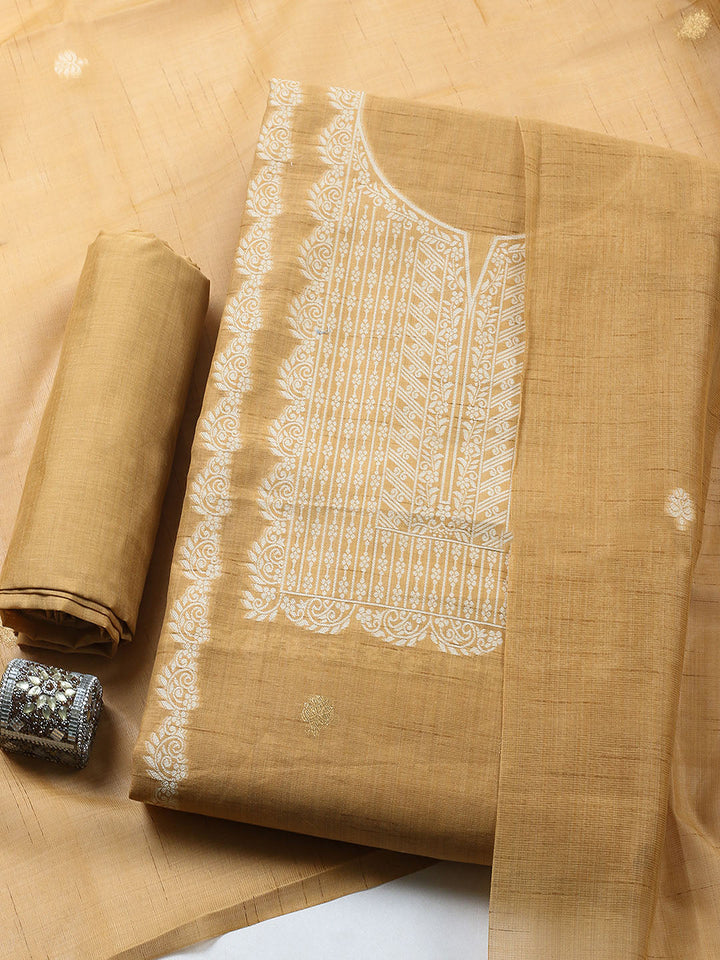 Printed Chanderi Unstitched Suit With Pant &amp; Dupatta