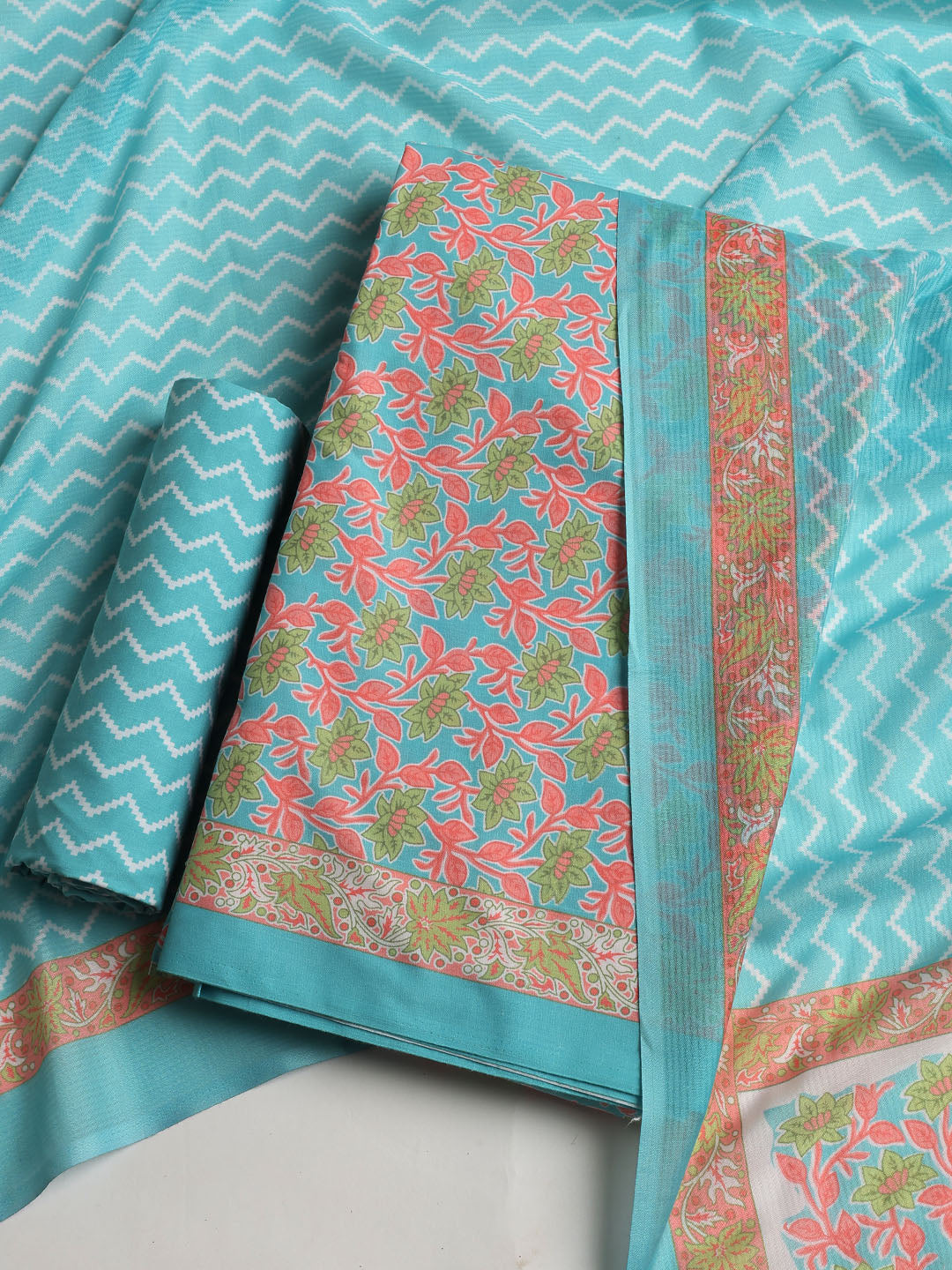 Printed Cotton Blend Unstitched Suit With Dupatta