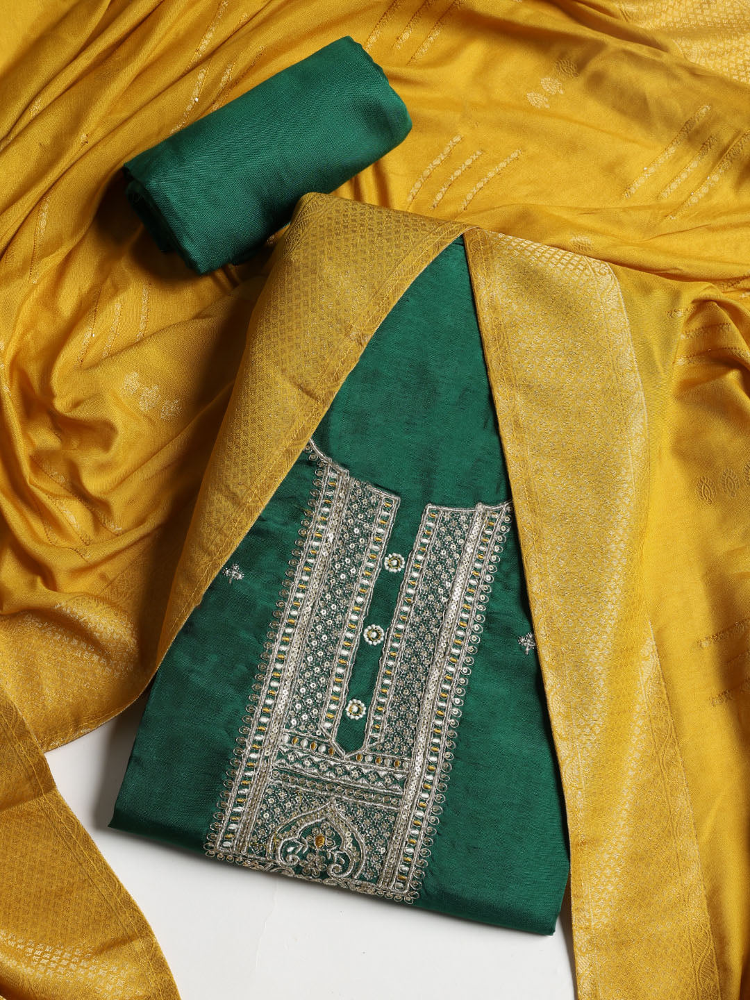 Embroidered Chanderi Unstitched Suit With Dupatta