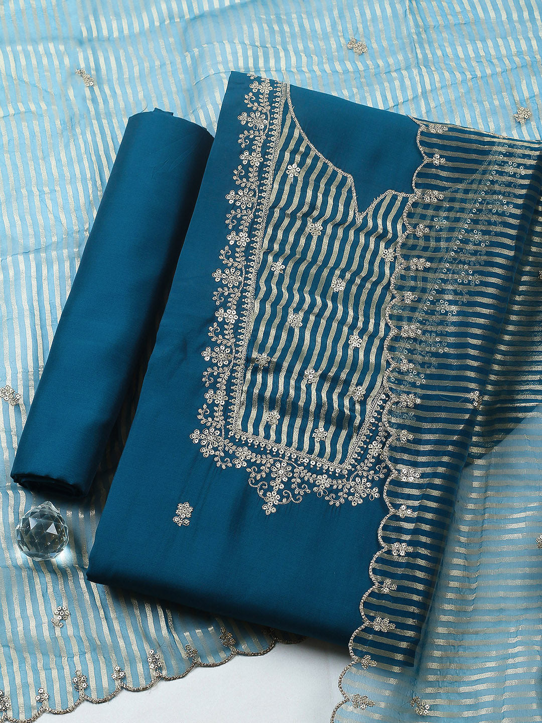 Embroidered Chanderi Unstitched Suit With Pant &amp; Dupatta