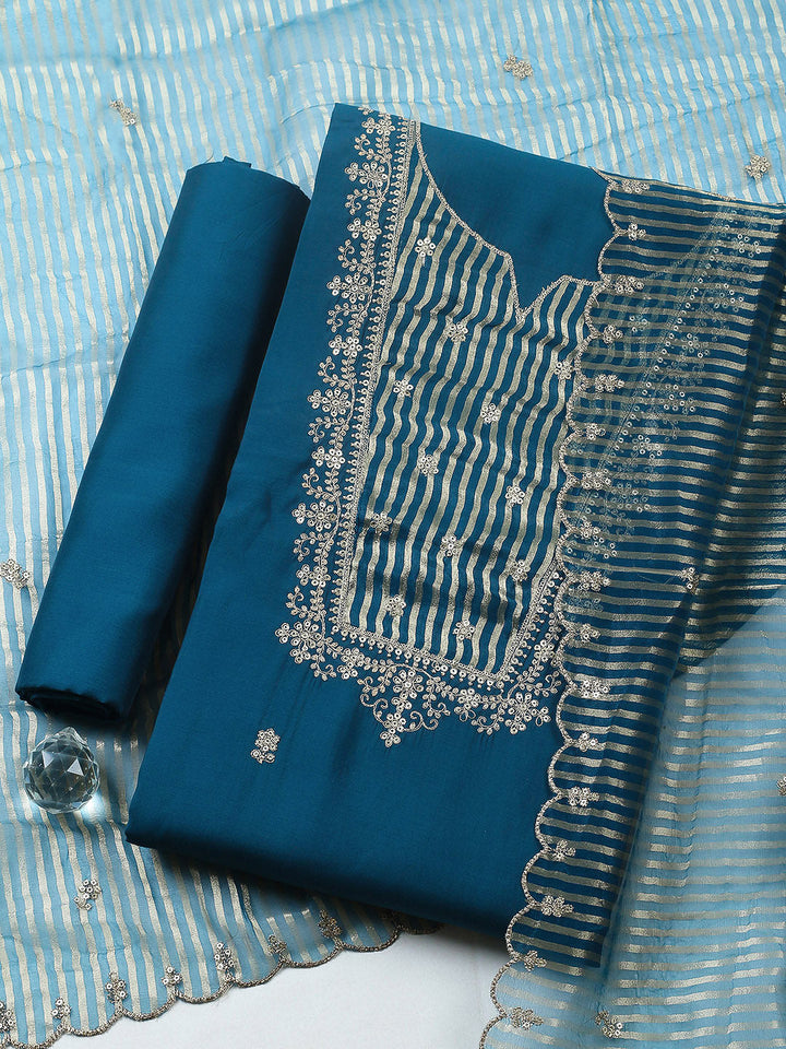 Embroidered Chanderi Unstitched Suit With Pant &amp; Dupatta